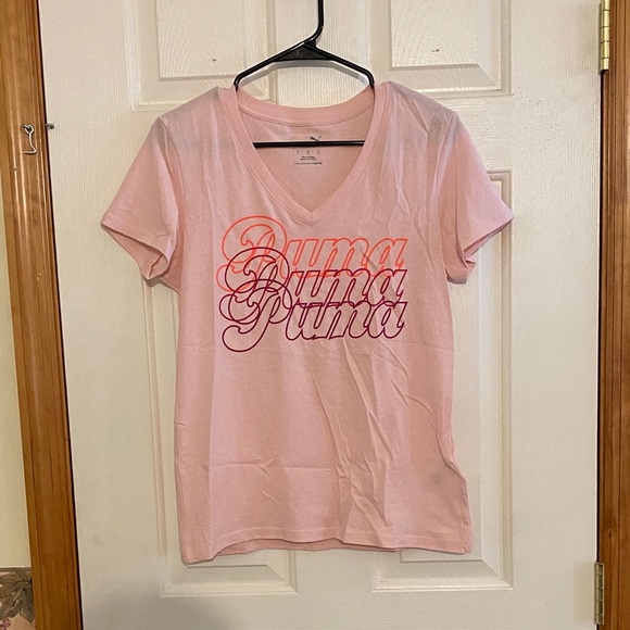 Puma Pink Gradient Script V-Neck Tee - Picture 1 of 4